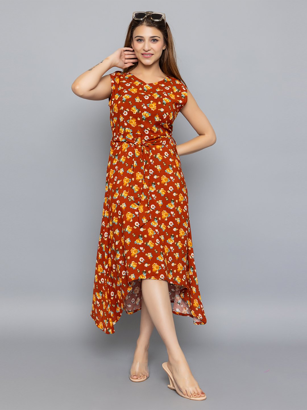 Solzeiq Rayon Cotton Half Sleeve Orange Midi