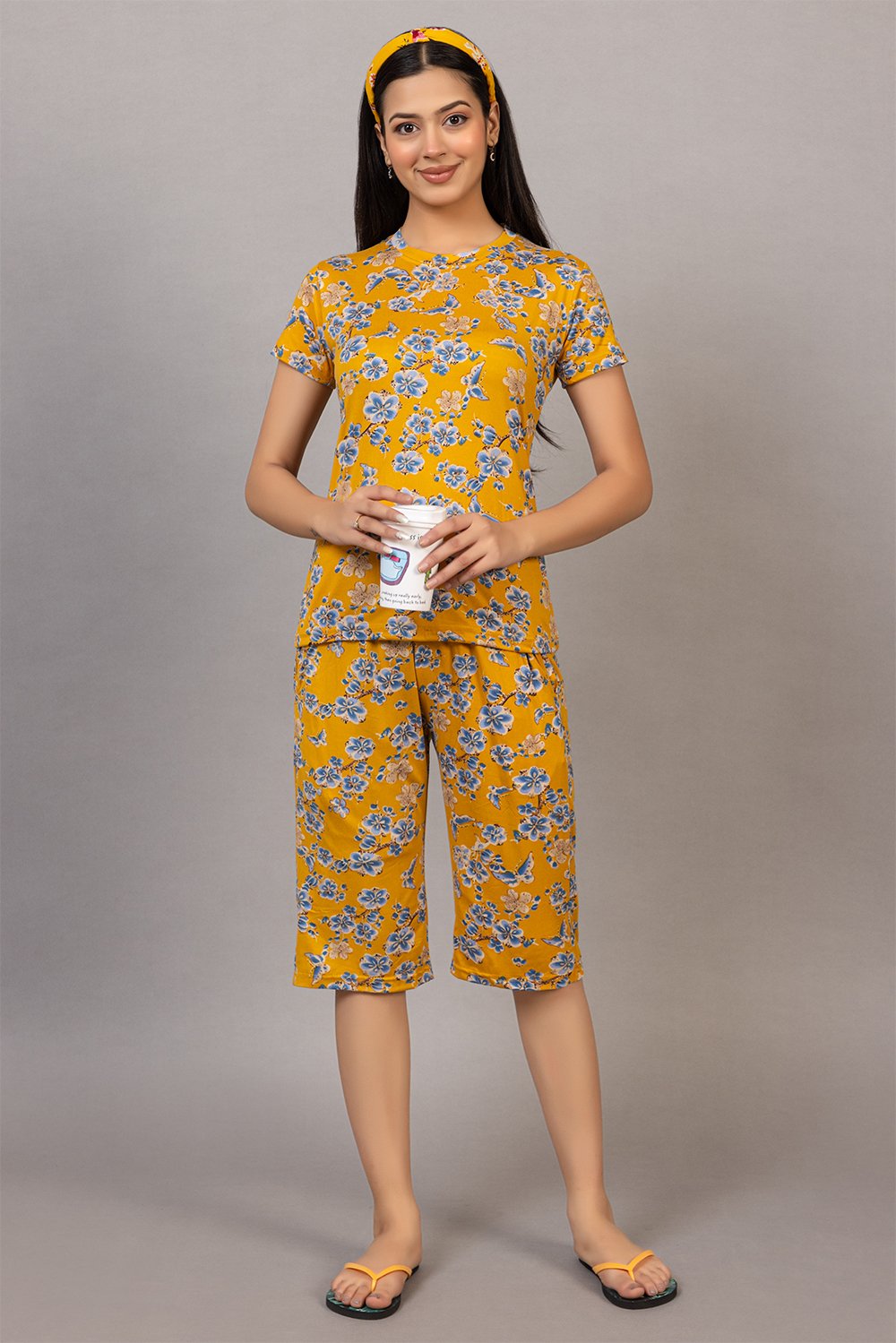  Solzeiq Super Soft Round Neck Mustard Capri Suit