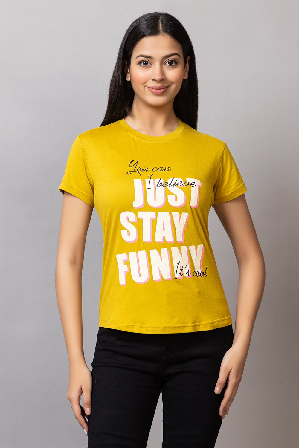  Women Mustard Regular Fit Graphic Printed T-shirt
