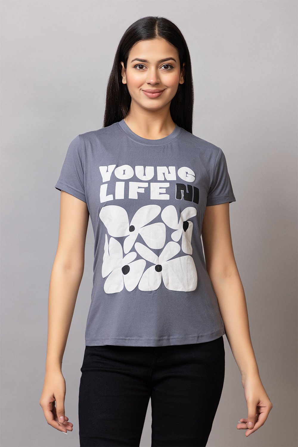  Women Grey Regular Fit Graphic Printed T-shirt
